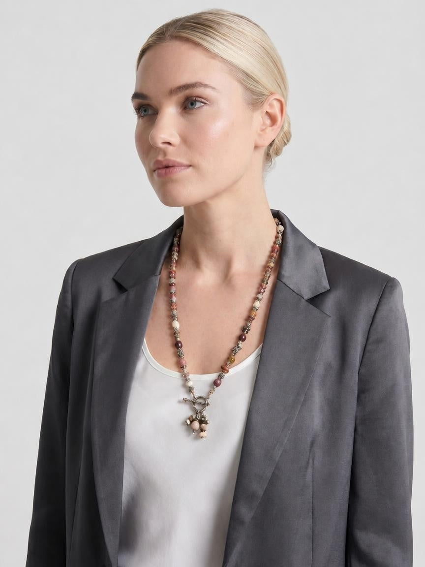 Jasper Beaded Necklace and Leather with Silver Tone Toggle Clasp Accented with a Cascade Cluster of Charm Drops
