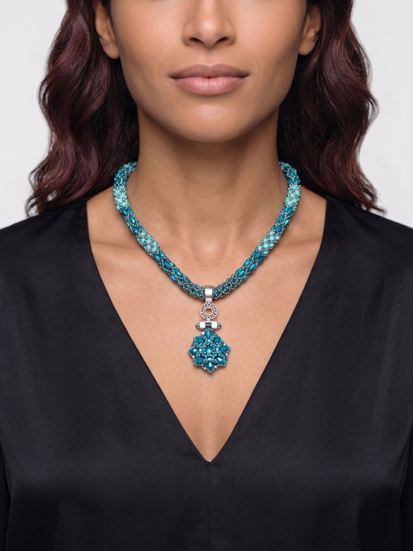Beaded Necklace with Blue Green Beads Shaped like a Flower and Silver Chain and Clasp 24"