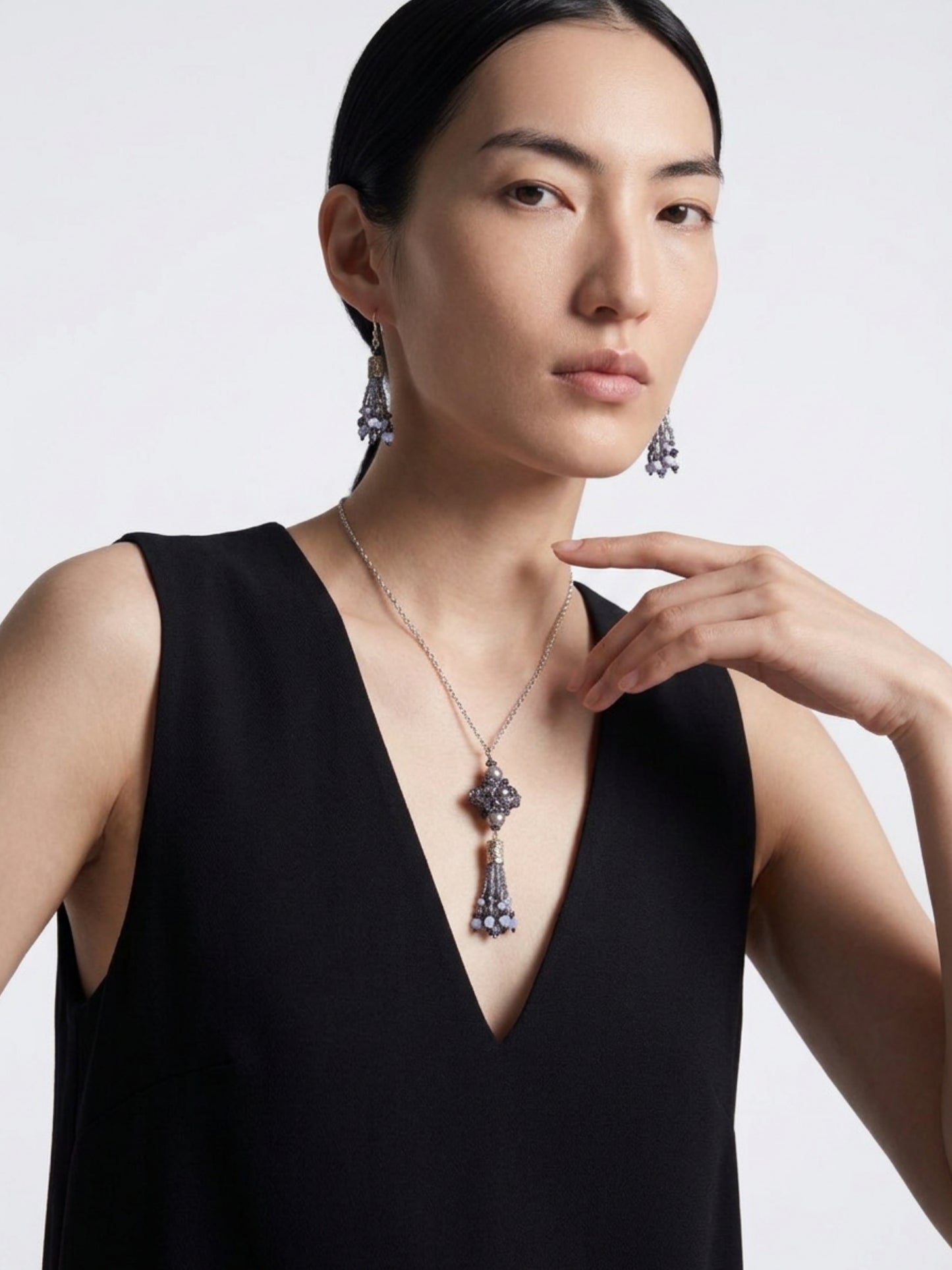 Silver and Black Beaded Crystal Necklace with Matching Dangle Earrings