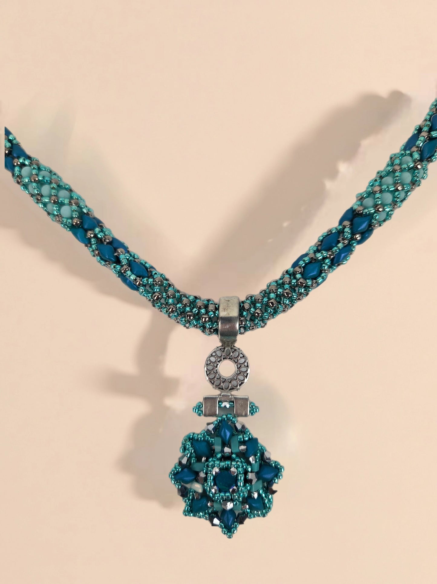 Beaded Necklace with Blue Green Beads Shaped like a Flower and Silver Chain and Clasp 24"
